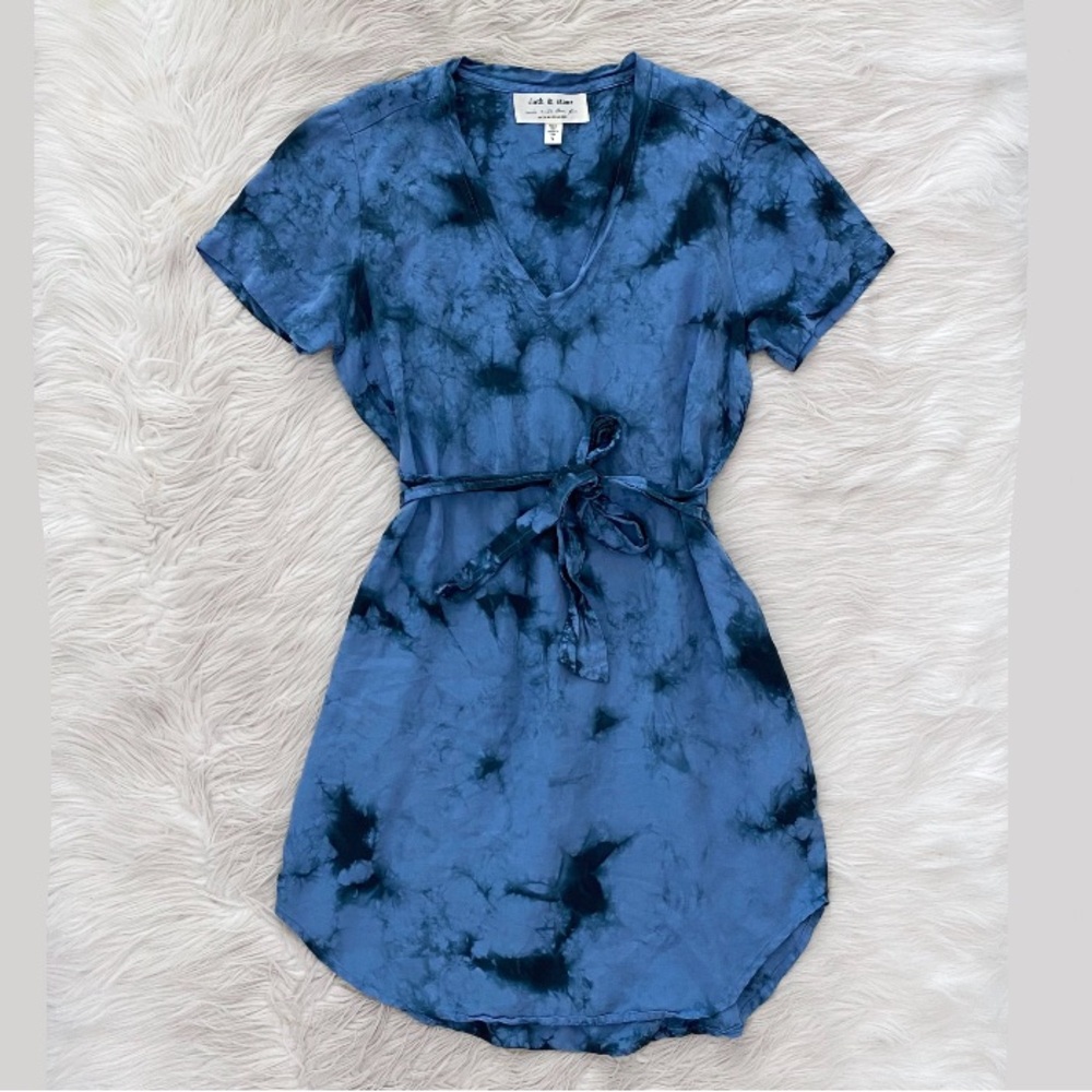 Cloth & Stone Anthropologie Blue Tie Dye Short Sleeve Liv Tie-Front Mini Dress